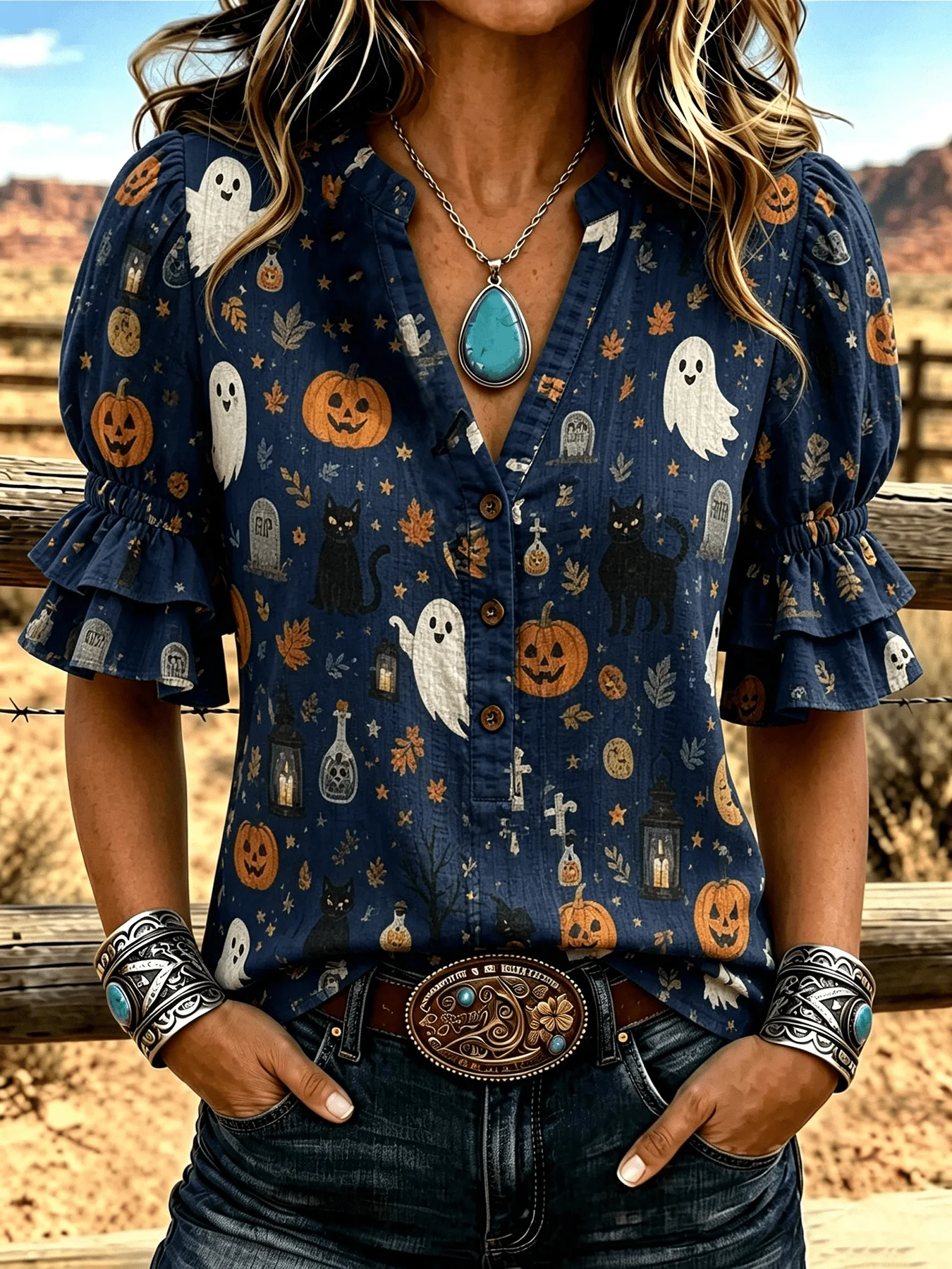 Women's Navy Halloween Black Cat Tombstone Pumpkin All Over Print Notched V Neck Double Ruffle Sleeve Casual Blouse