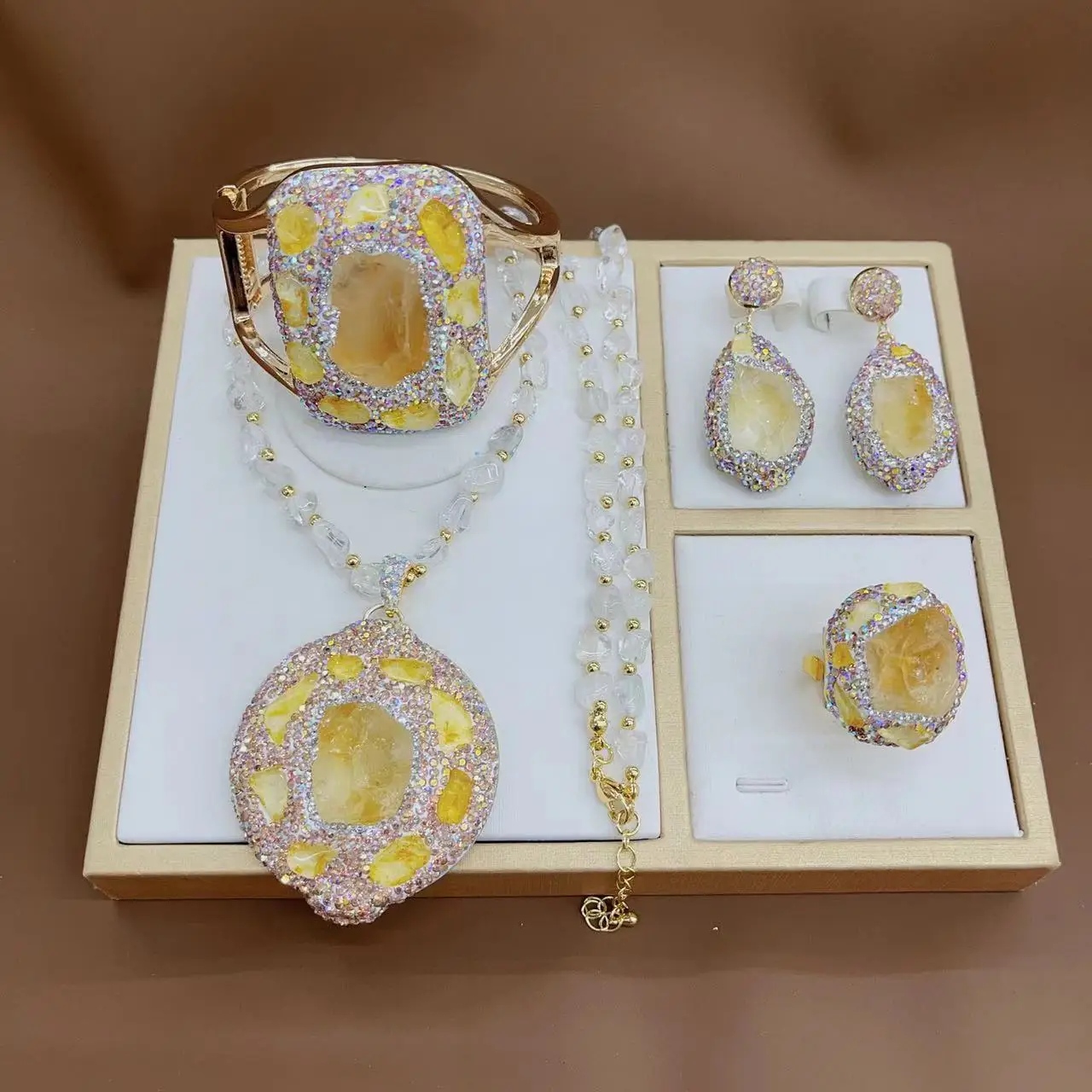 

Ore original design natural citrine rough stone inlaid crystal set purely handmade point pendant necklace earring ring bracelet