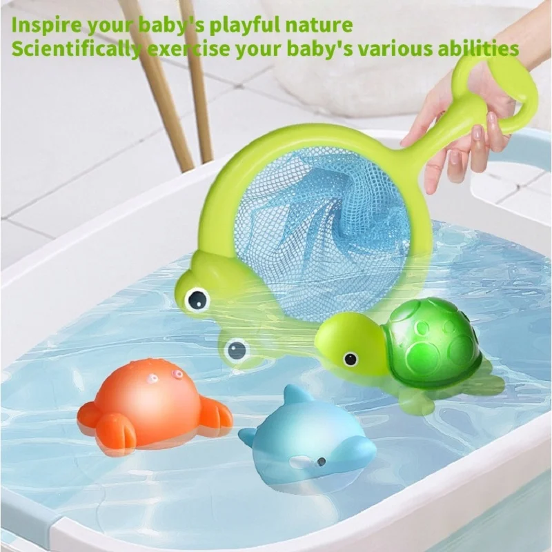 Conjunto de água de lavagem de animais brilhante, rede de luz flutuante para pesca, peixes, brinquedos de água para crianças, brinquedos de banho para bebês flutuantes