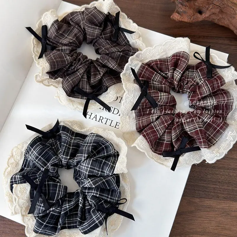 

Vintage Brown Plaid Lace Bow Scrunchie Women Retro Checkered Hair Ties Soft Elastic Ponytail Holder Non Slip Daily Essentials