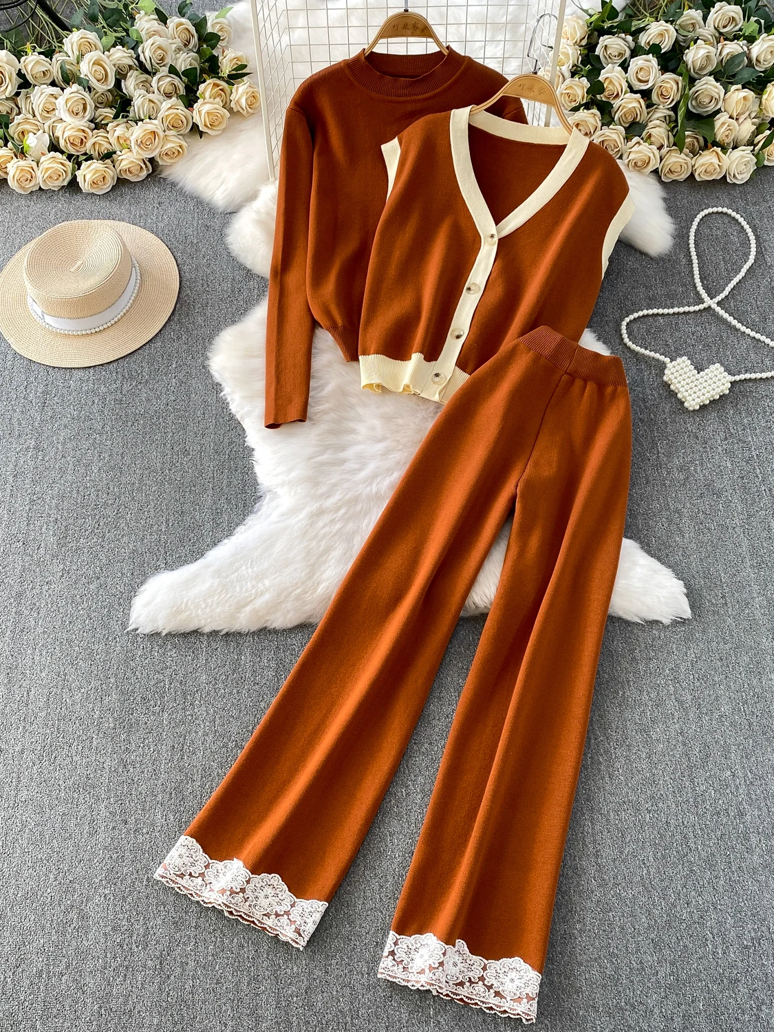 

High Waist Slimming Lace Pants V-Ne Knitted Sweater Base Layer Faion Set Winter Clothes Tee-Piece Suit for Women