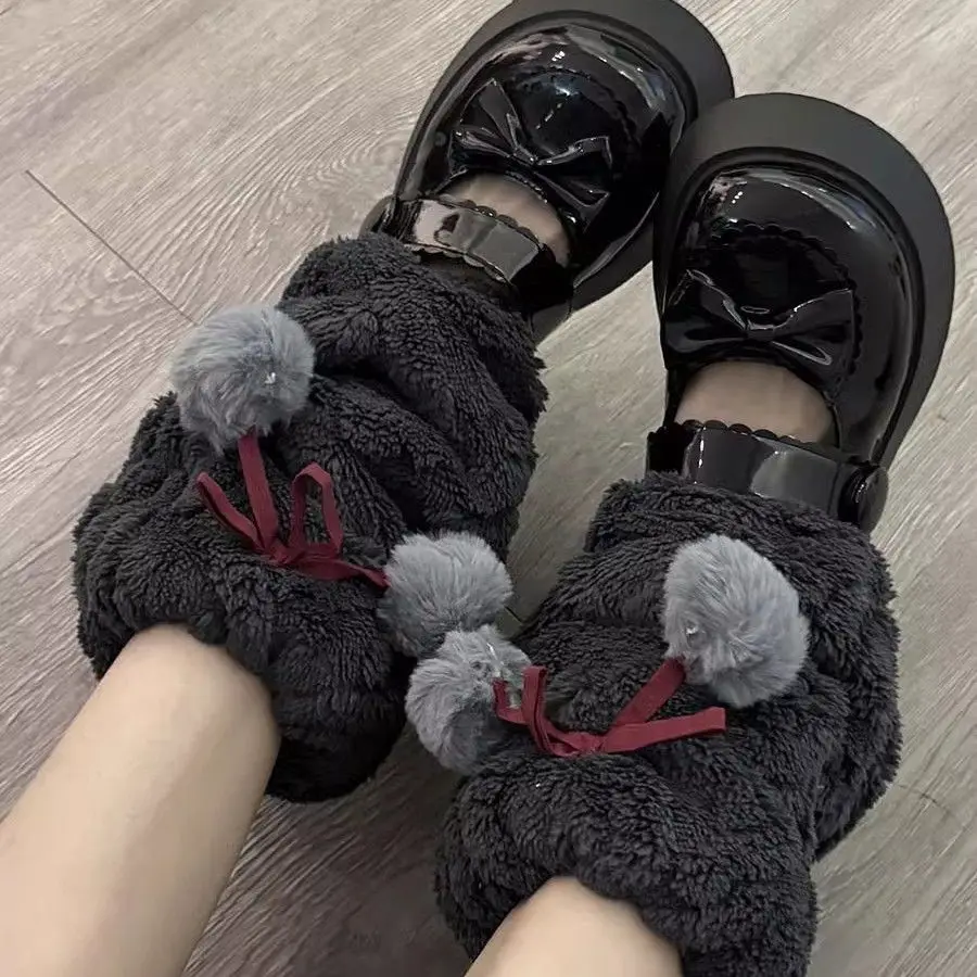 Fashion Bow Tie Leg Warmers White Ball Winter Warm Thickened Plush Leggings Socks Cold Protective Japanese Y2k Boots Cover Socks