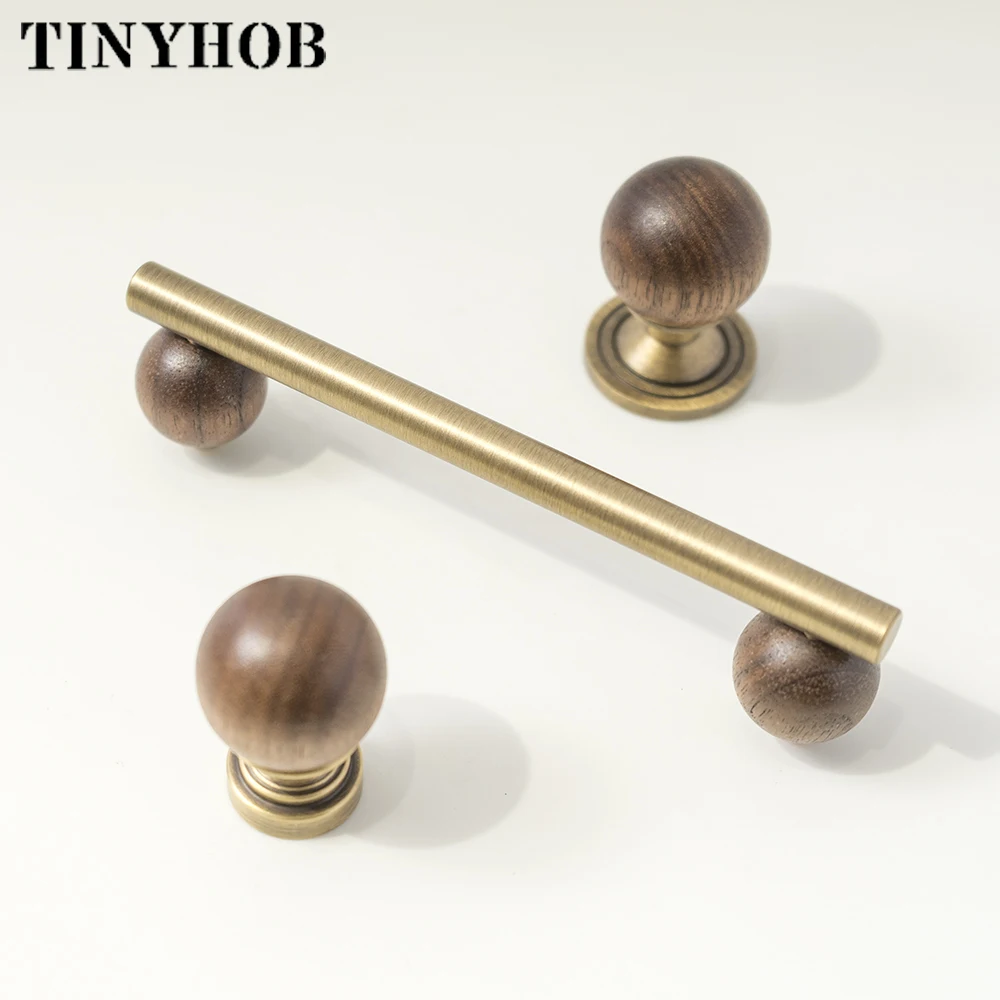 Bronze Brass + Walnut Wood  Cabinet Handle and Knob Drawer Knobs T Bar Bedroom Kitchen Cupboard Hardware / Drawer Handles
