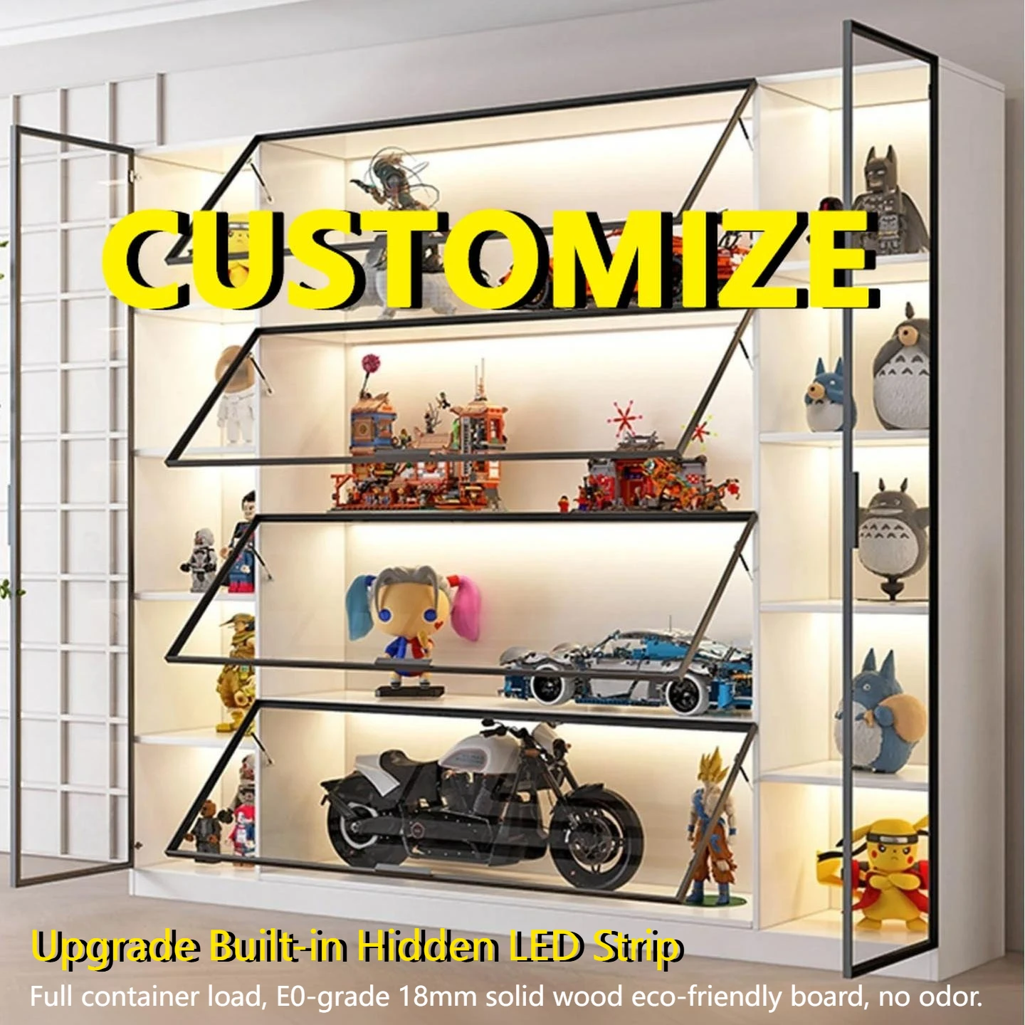 Any Size Custom Multi Functional Collectible Display Cabinet Hydraulic Hinges Tempered Glass Eco Board Modern Indoor Decoration