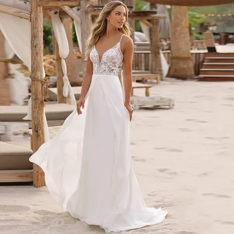 Classic Chiffon Beach Wedding Dress for Brides Customized Appliques Lace V-Neck Spaghetti Straps Sleeveless Bridal Gowns