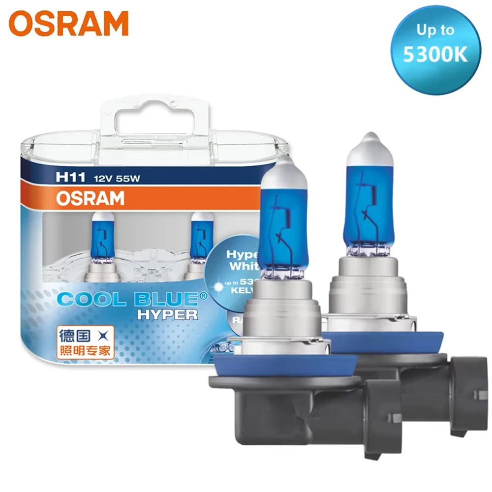 OSRAM Cool Blue Hyper H11 Car Halogen Headlight 5300K Hi/Lo Beam 12V 55W +50% Bright White Lamp Original Genuine 62211CBH,Pair