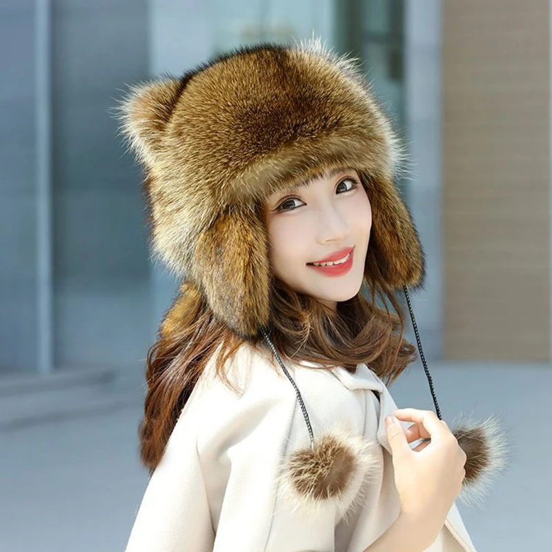 Gorro de piel de mapache auténtica para mujer, gorros de piel de mapache Natural Ushanka, orejas gruesas y cálidas, gorro de bombardero con pompones, moda de invierno