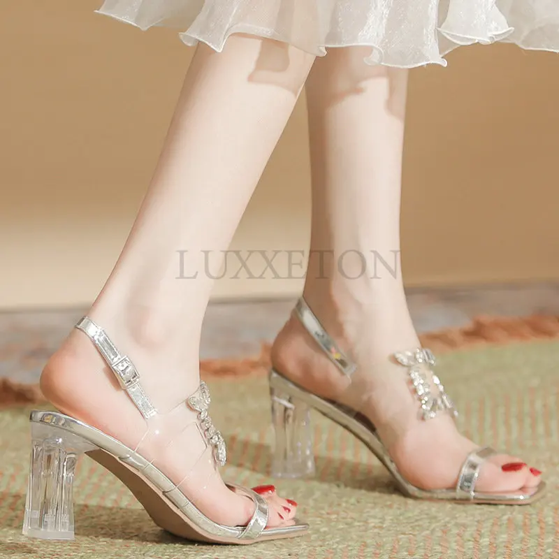 Women 7cm High Heels Mules Slides Block Clear Heels Silvery Transparent Crystal Slippers Summer Platform Fetish Shoes