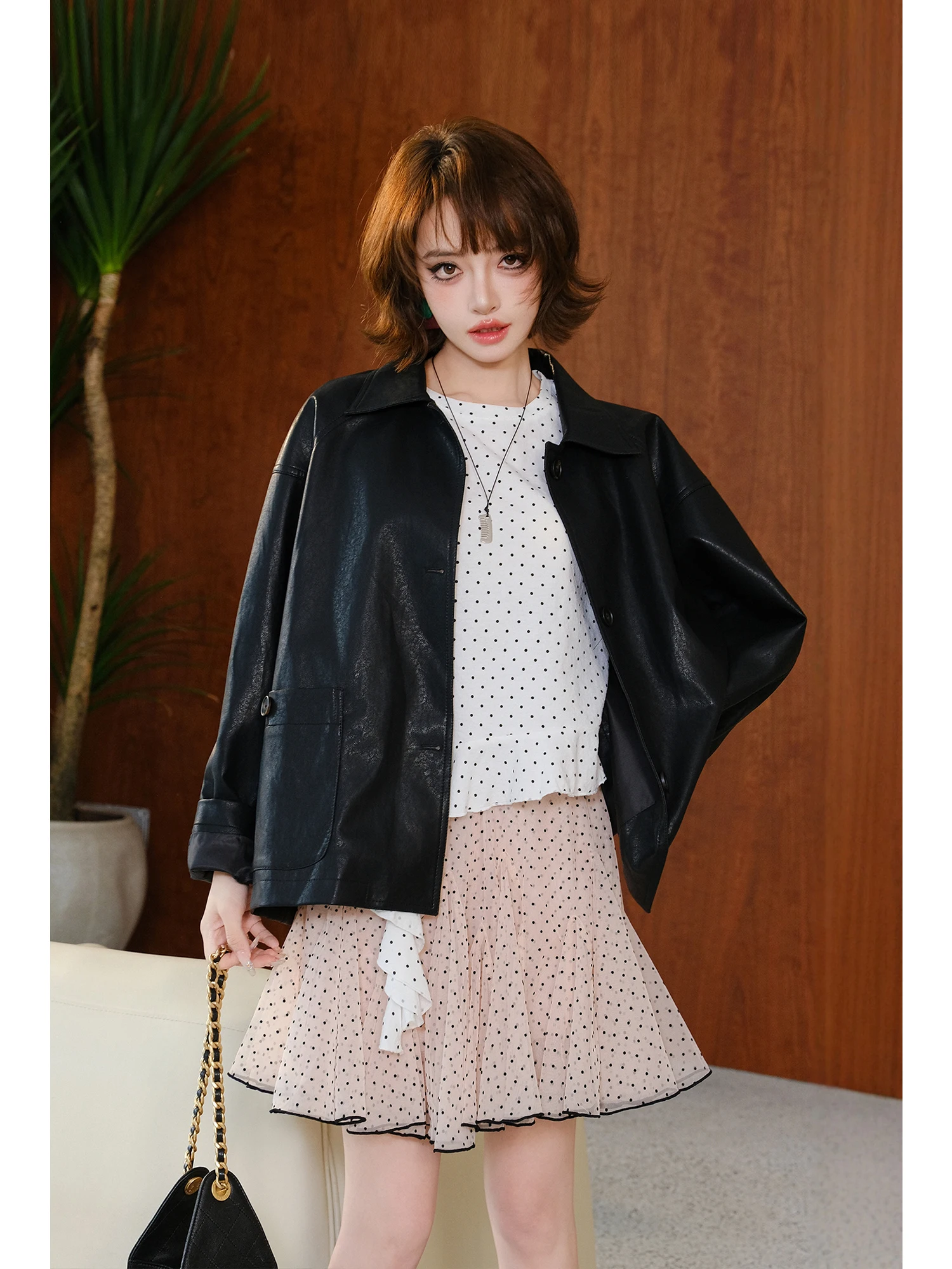 

MIUCO Retro PU Leather Jacket Women's Loose Casual Fashionable Long Sleeve Coat Zipper Closure Regular Length Spring 2026