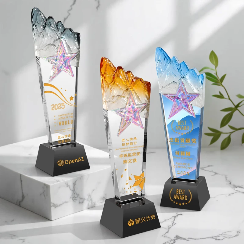 Customized Pentagram Iceberg Crystal Trophy, Excellent Staff Annual Meeting Award, Home Decor, Color Printing Carving Medal, 1Pc