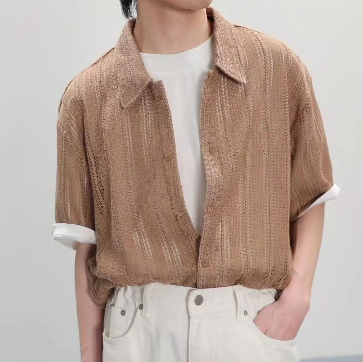 

European American New Fashion Men's Solid Color Simple Basic Casual Trendy Loose Hollowed Out Half Sleeve Turn-down Collar Shirt