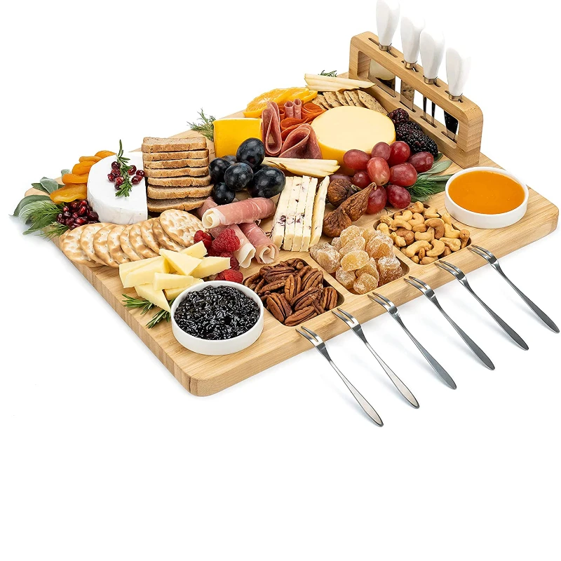 Square Bamboo Western Dinner Plate, Fruit Bread, Cheese Board, Premium Cheese Board Set, Knives Included