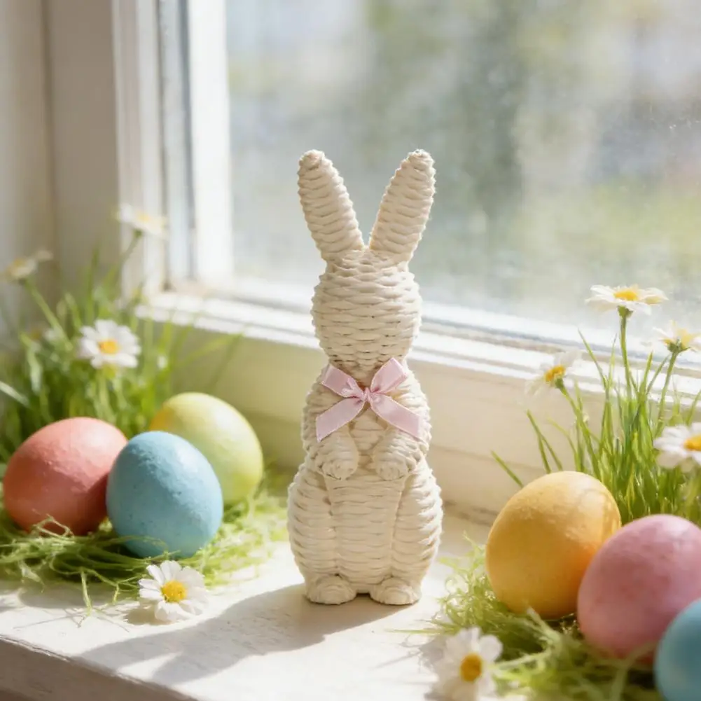Easter Bunny Decor Rattan Effect Resin Easter Bunny Figurine Wicker Rabbit Statue with Bow Spring Table Centerpiece for Indoor