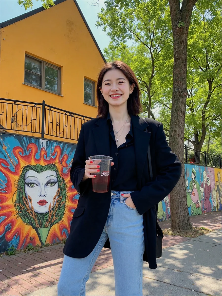 

Блейзер, женские пальто, черно-белые карманы с разрезом по бокам, нежный стираный пасторальный однорядный однорядный в горошек на пуговицах