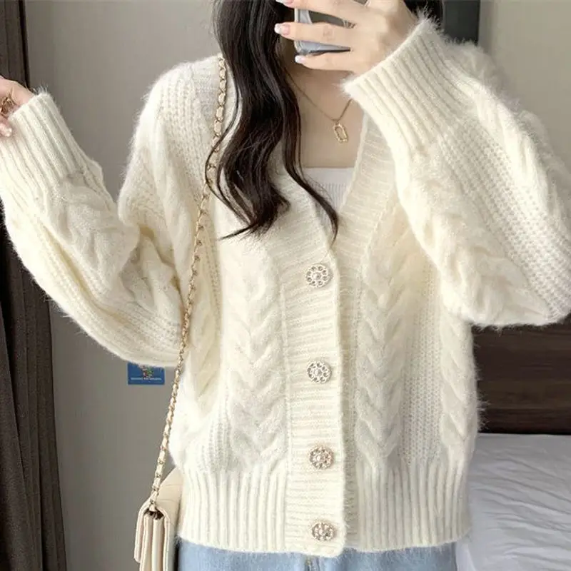 V-neck Knitting Cardigan Coat Women Autumn Winter Loose Temperament Long Sleeve Sweater Office Lady All-match Knitwear Tops