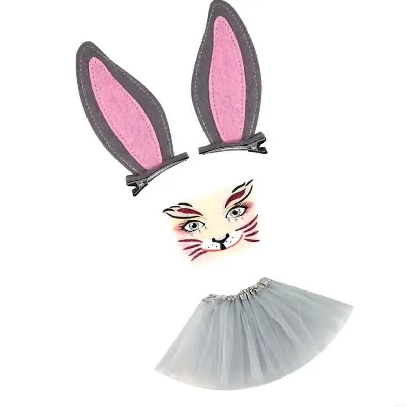 Śliczne uszy z królikiem Zestaw do włosów Zestaw z siatką i naklejki na twarz dla dzieci dorosłych Cosplay Party Costume