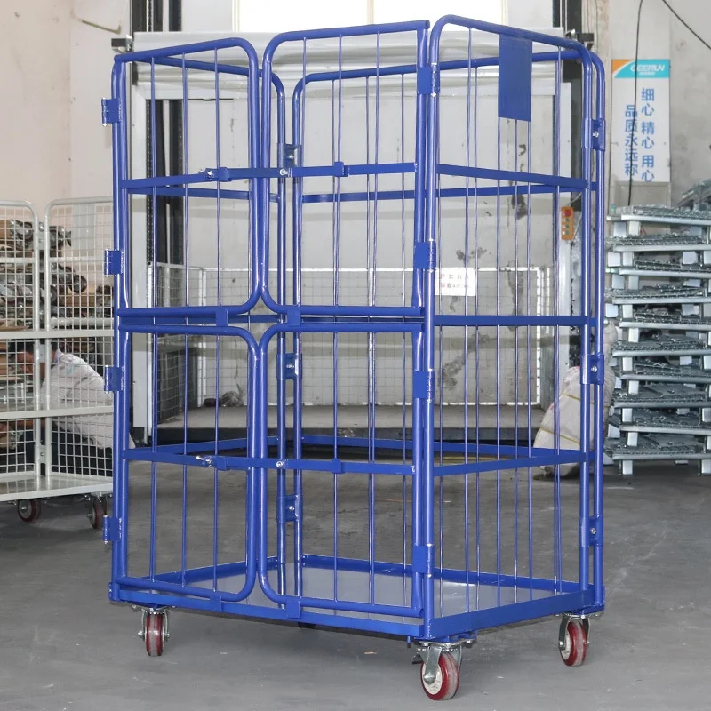 Mobile Transporting Foldable Galvanized Warehouse Steel 3 Mesh Sides Roll Cage Trolley