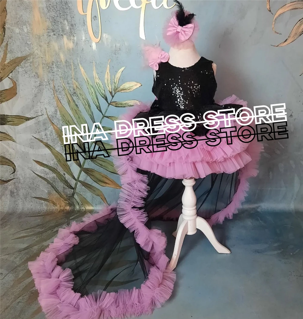 Lavender Luxury Flower Girl Dress Assymetrical Tulle Fluffy With Train Trailing For Wedding Ball Party Ball Birthday Gowns