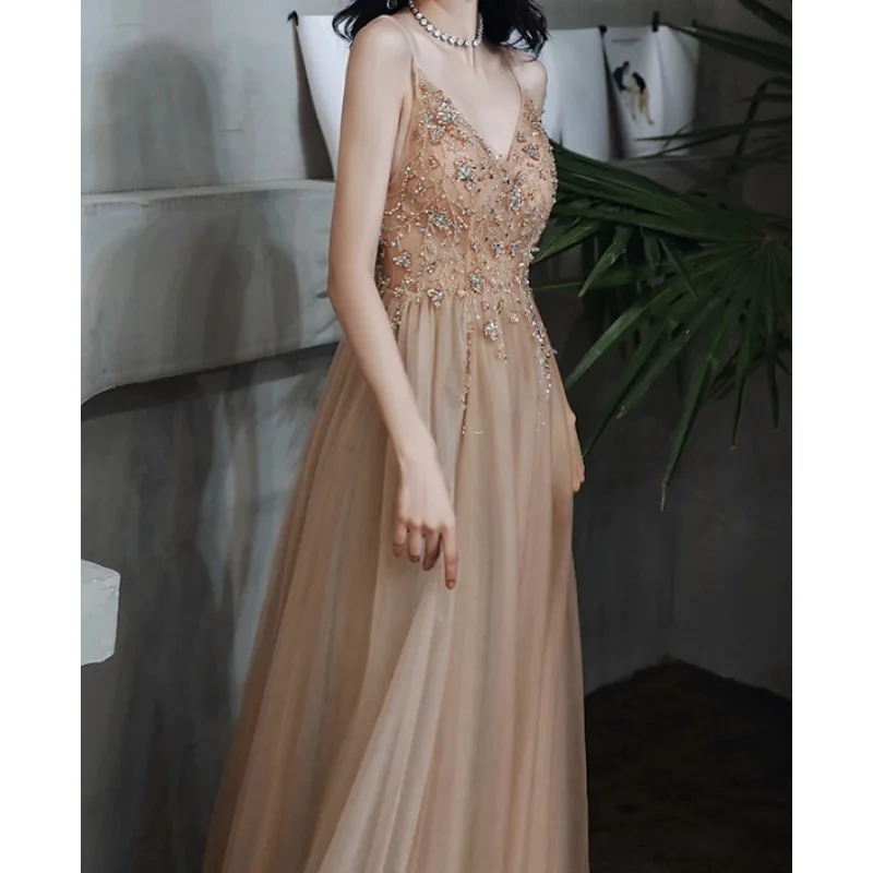 Luxury Champagne Prom Dress For Women 2025 Annual Party Birthday Party Immortal Long Temperament Banquet Evening Dress