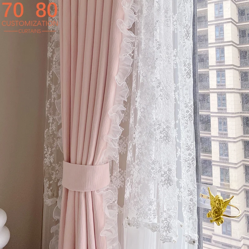 Cream Style Pink Chiffon Jacquard Lace Patchwork Curtains for Living Room Bedroom Balcony Bay Window Customized Finished Product