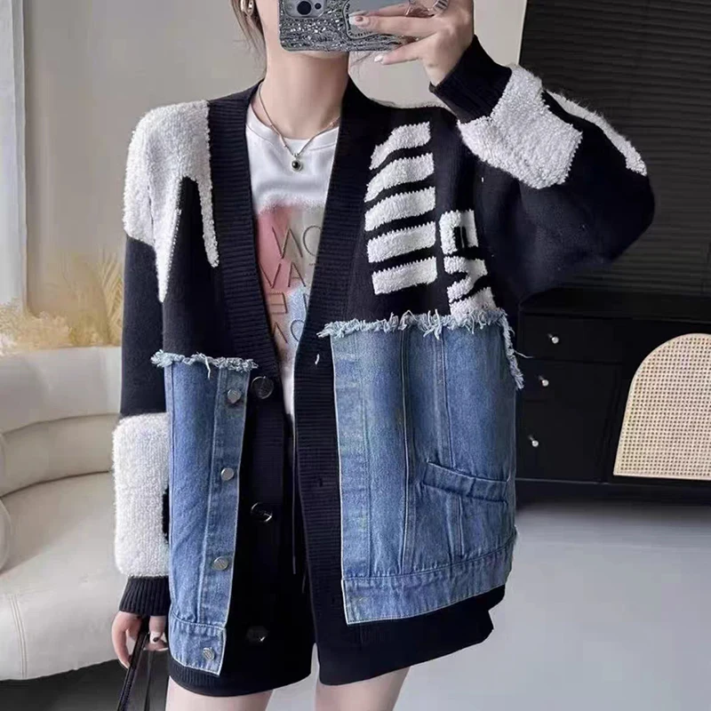 الربيع والخريف جديد الفرنسية المتخصصة تصميم الخامس الرقبة سترة فضفاضة موضة تنوعا الدنيم الربط محبوك سترة سترة للنساء #4