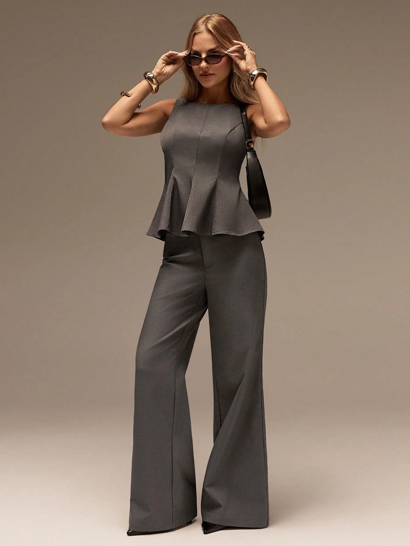 

Gray Flare Pants Women Business Casual Elegant Wide Leg Trousers