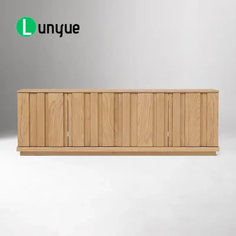 Modern Solid Wood TV Stand Natural Oak Sideboard Living Room Storage Unit Contemporary Home Furniture with Groove Design