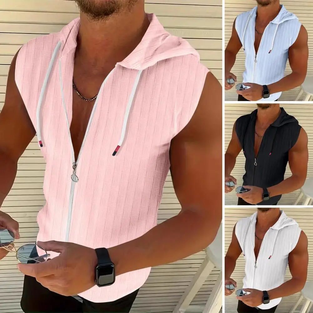 Sports Mesh Tank Top For Boys Mens Hooded Zipper Cardigan T Shirt Summer Fashion Plaid Sleeveless T Shirt Mens