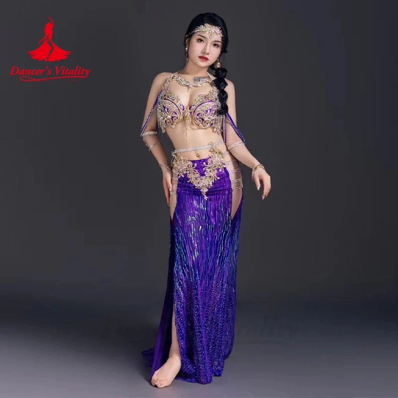 Conjunto personalizado de fantasia de dançarina do ventre para mulheres, sutiã e saia longa, roupa de dança oriental para adultos e crianças, AB Stones sênior, 2 peças