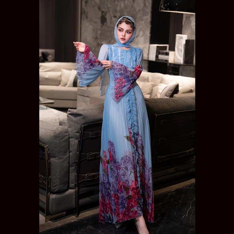 

2025 Runway Long Sleeve Elegant Blue Printed Long Dress 250106MX01