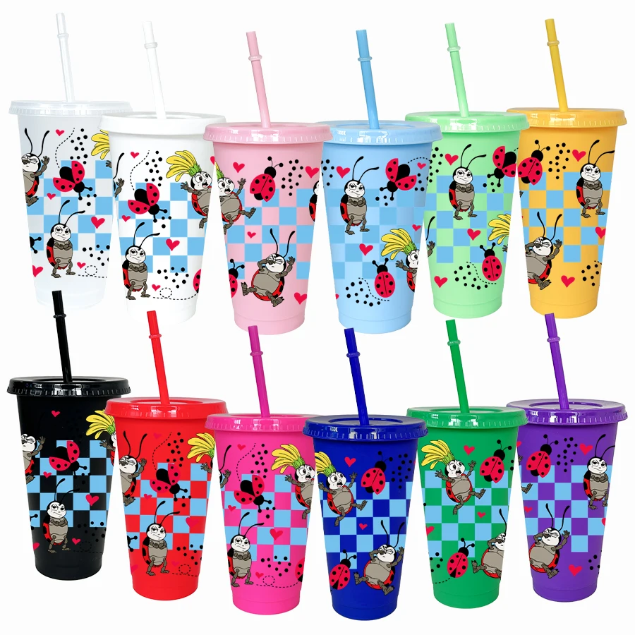 12 pièces/paquet Disney, coccinelle, tasse d'eau en plastique multicolore de 26oz, ensemble de boissons de fête, cadeau d'anniversaire/de rentrée scolaire