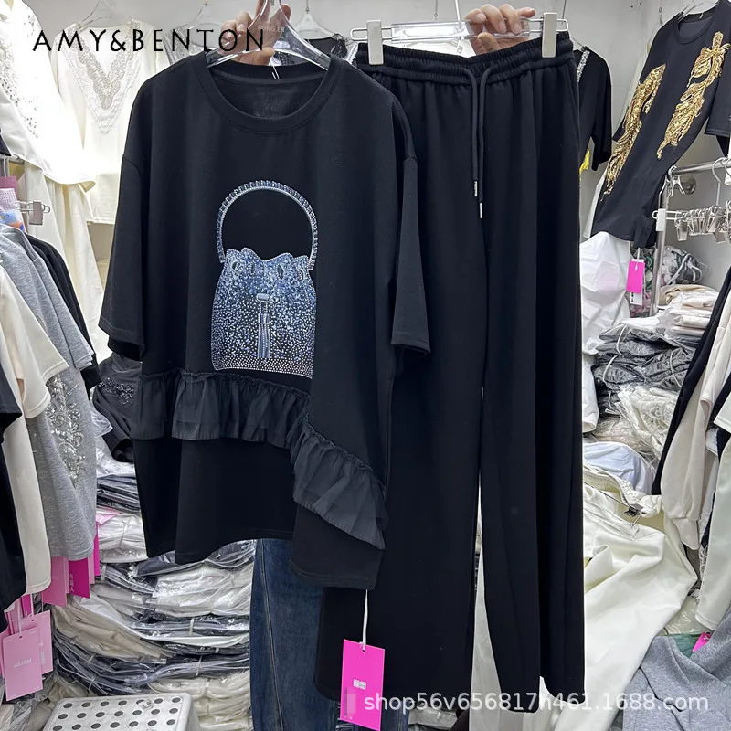 

Popular Rhinestone Embellishments Ruffled Trim Loose-fitting Short-sleeves T-shirt Top + Elastic Waist Wide-leg Long Pants Set