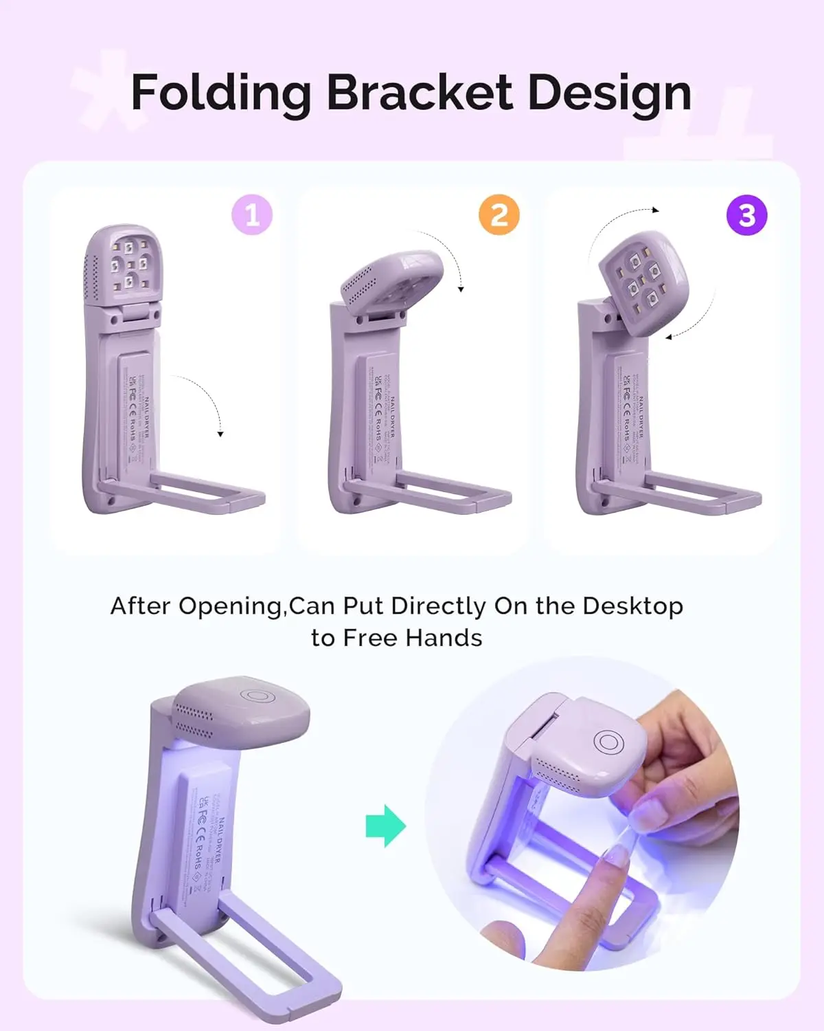 مصباح أظافر بالأشعة فوق البنفسجية قابل للطي P-Art09F مع حامل، ضوء LED قابل لإعادة الشحن، لوحة لمس، معالجة 2 في 1 لجميع المواد الهلامية