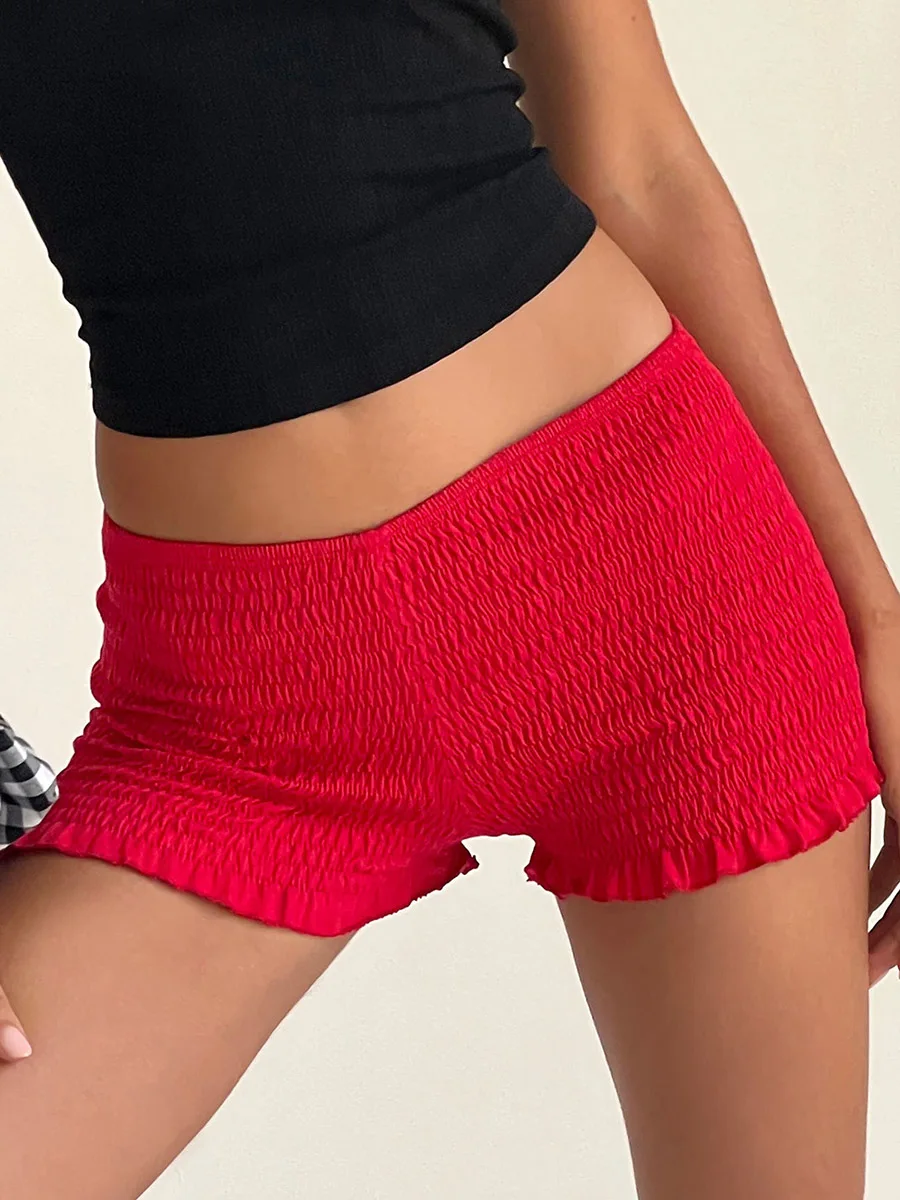 Micro short bouffant à volants à carreaux vichy pour femmes, taille basse, bordure en dentelle, froufrous, boxer smocké, short de pyjama, Y2k