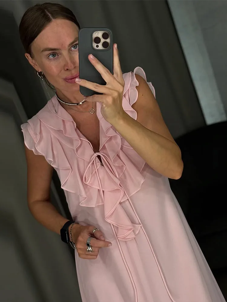 Chic rosa chiffon plissado em camadas maxi vestidos para mulheres elegante decote em v sem mangas rendas até vestidos de festa 2025 verão senhora roupões