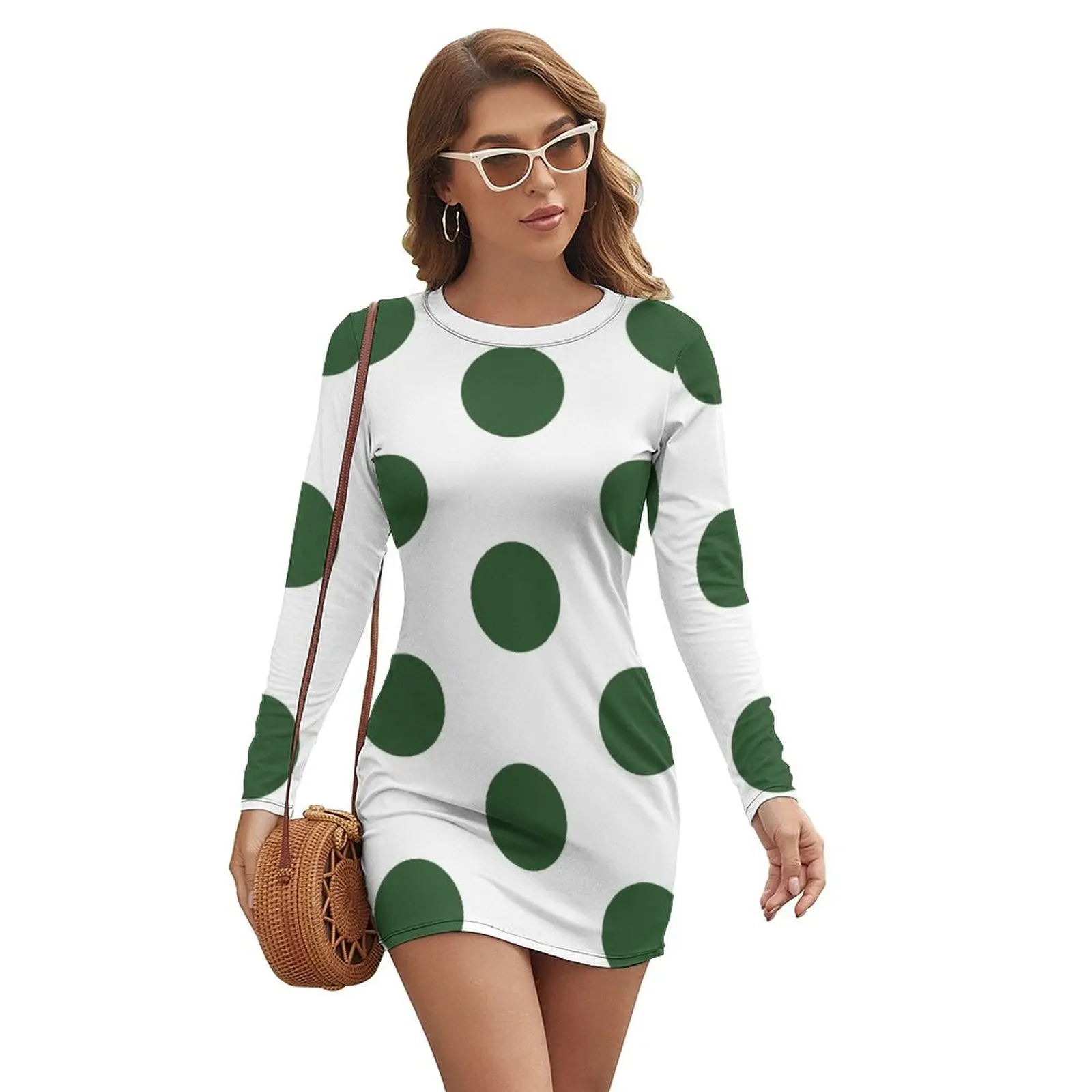 

Large PINE GREEN and WHITE POLKA DOTS Long-sleeved Dress Summer skirt women's evening dresses elegant and pretty women's dresses