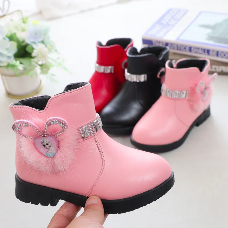 

Girls Winter Soft Soled Add Velvet Boots Mid Top Keep Warm Cotton Boots Children Rhinestones Side Zippers Rabbit Ears Antiskid