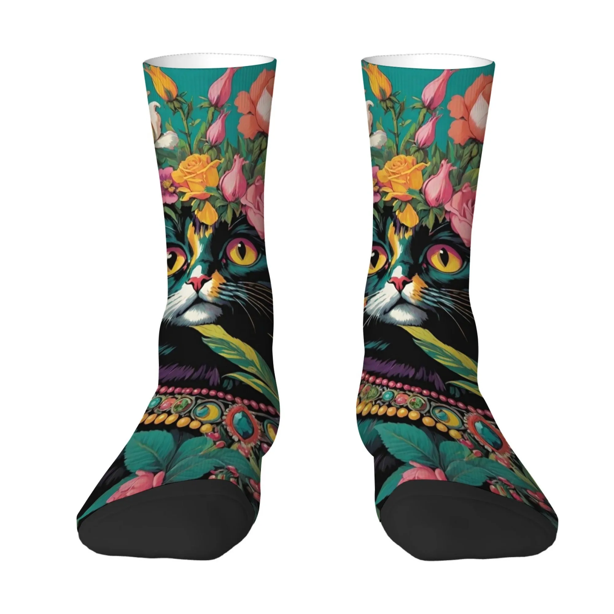 

Носки до середины икры в народном стиле с цветочным узором и очаровательным котом – гламурный и комфортный стиль для повседневной носки для владельцев кошек