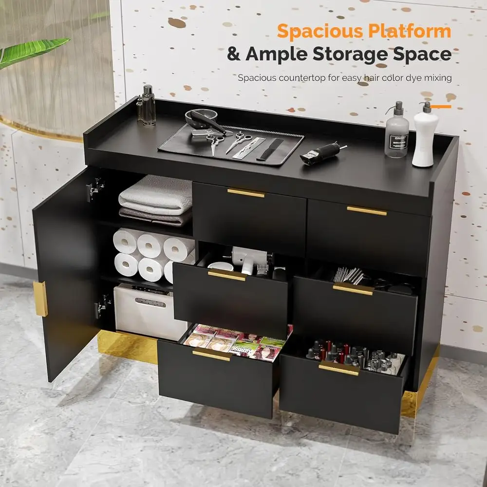 محطة حلاقة أنيقة مع 6 أدراج وخزانة تخزين لصالونات التجميل، لمسة نهائية باللون الأسود والذهبي #4
