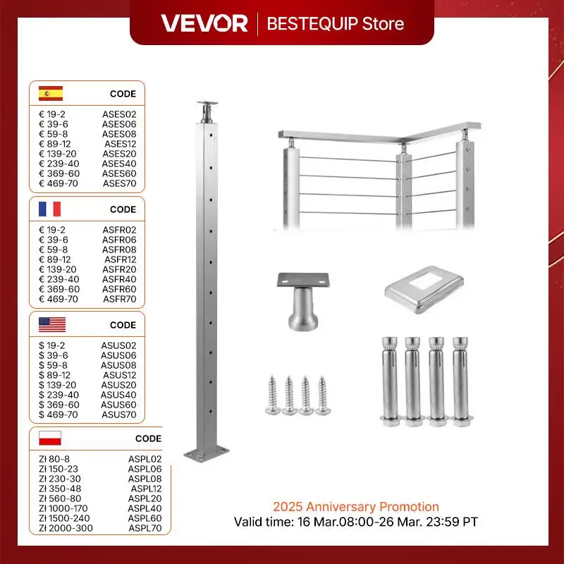 VEVOR Cable Rail Post Level Deck Stair Post Stainless Steel Brushed Finishing DIY Picket Deck Stair Railing Kit w/ Mount Bracket