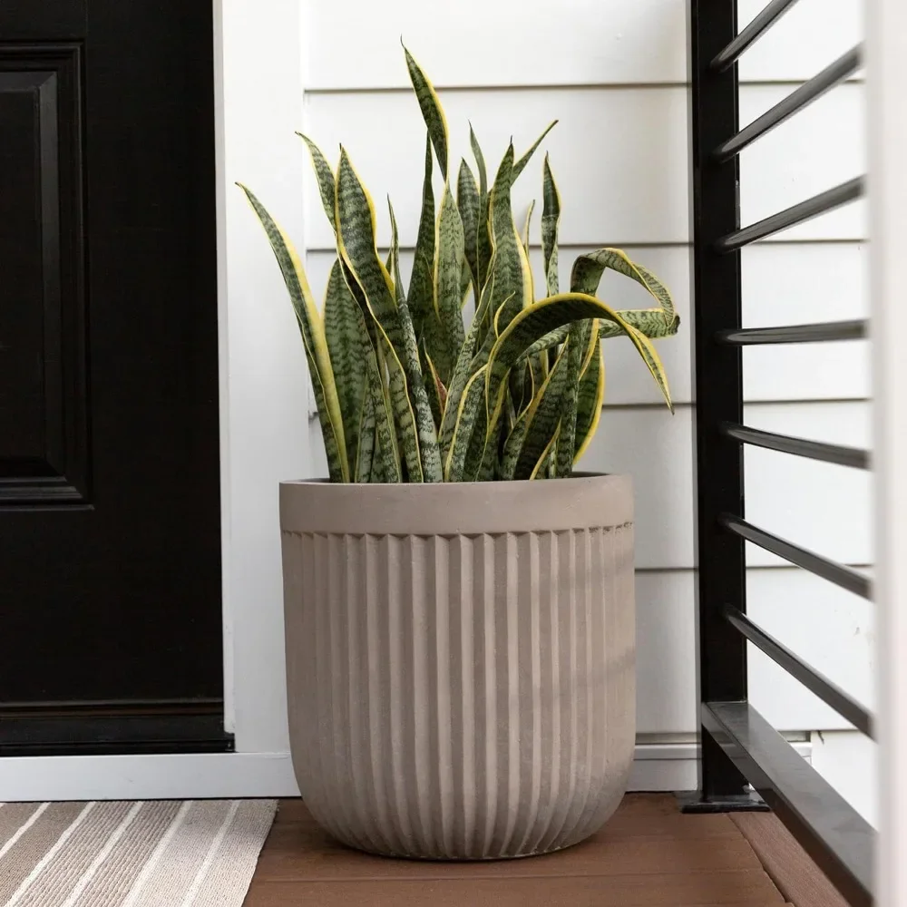 14x14 inch Fluted Large Modern Concrete Outdoor Planter, Large Indoor Plant Pot with Drainage - Cement Vase for Tree,