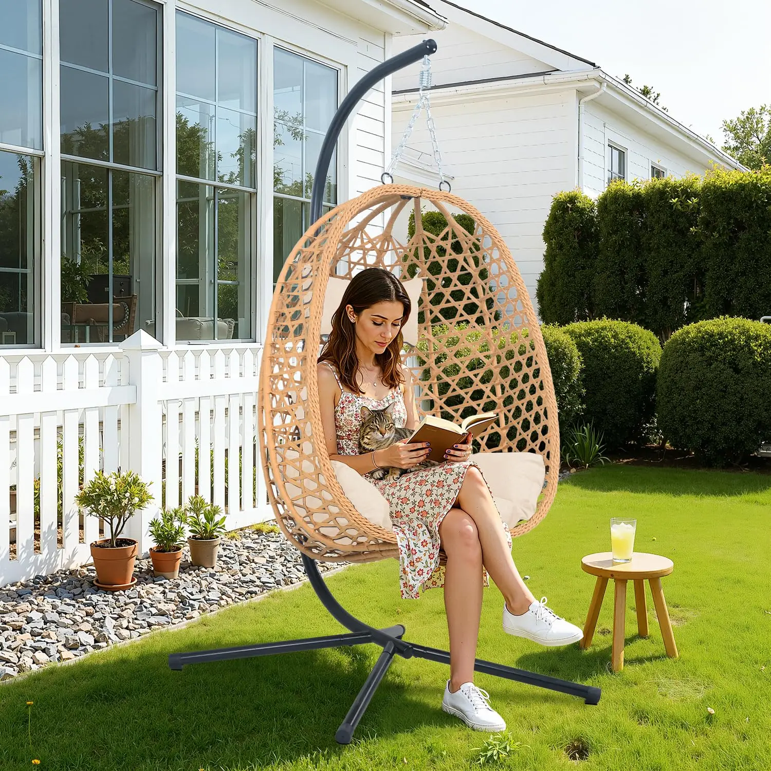 EortheX Hanging Swing Egg Chair with Stand, 350LBS Capacity, Cream | HDPE rattan,Sturdy steel stand,Plush cushion,Easy, Custom