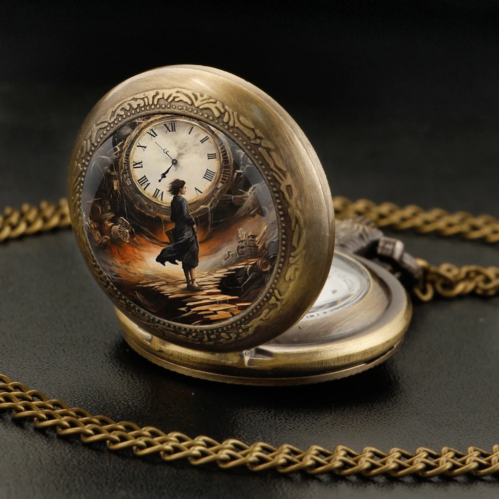 Bronze Quartz Pocket Watch for Women Men Unique Time Machine Design Vintage Clock Watches Chain Jewelry Pendant Gift