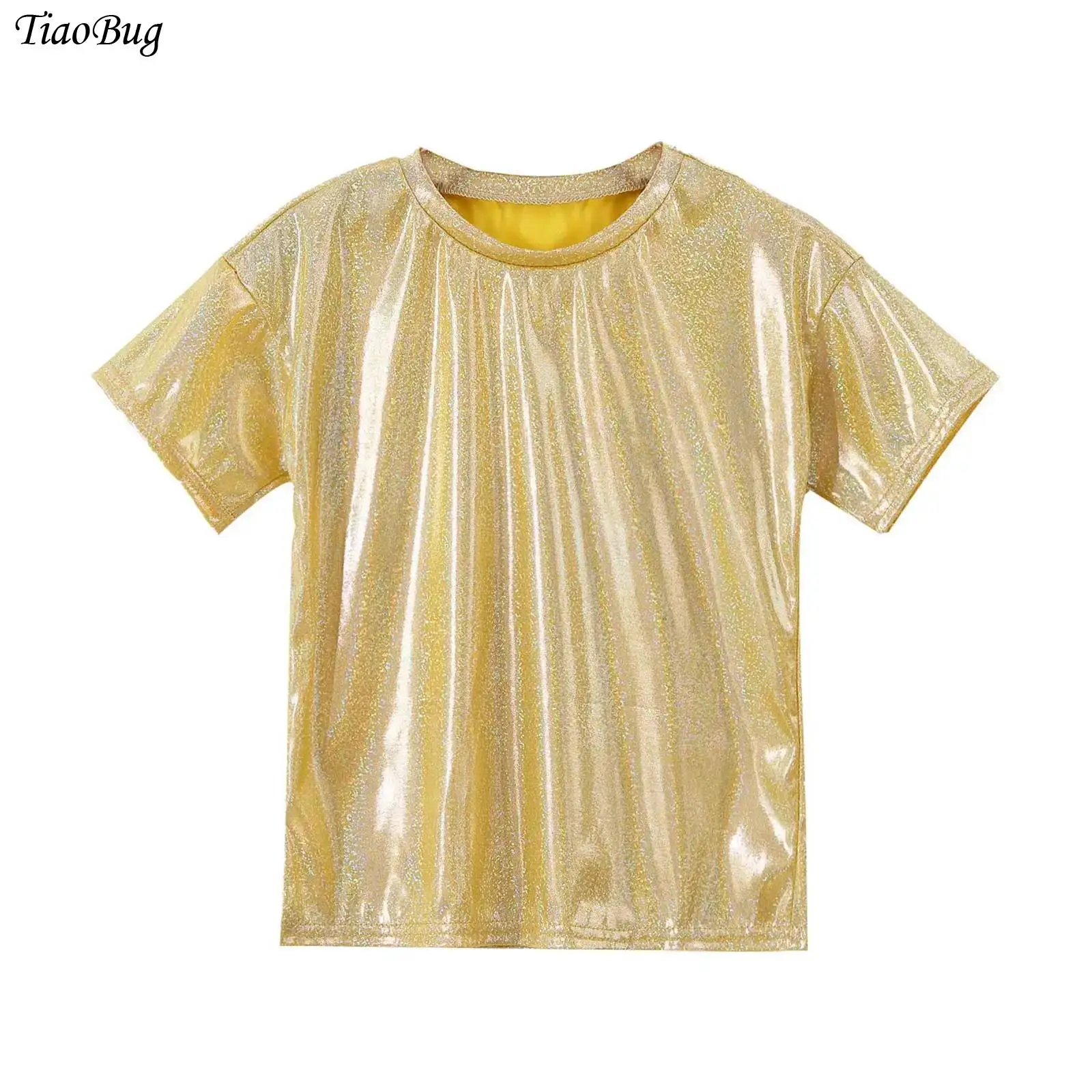 

Girls Boys T-shirts Jazz Dance Tops Summer Shiny Sequins Metallic Loose Short-sleeved Dancing Clothes Hip-hop Street Dancewear