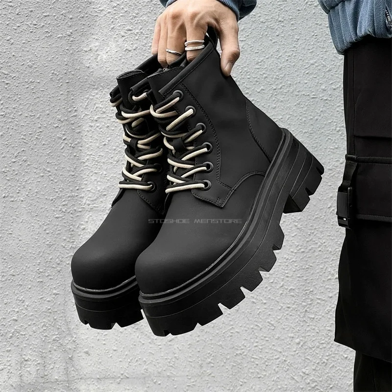 Schwarze Herrenstiefel im Paar-Stil, kurze Schnürstiefel aus Leder für Herbst und Winter, dicke Sohle und intern erhöhte Stiefeletten