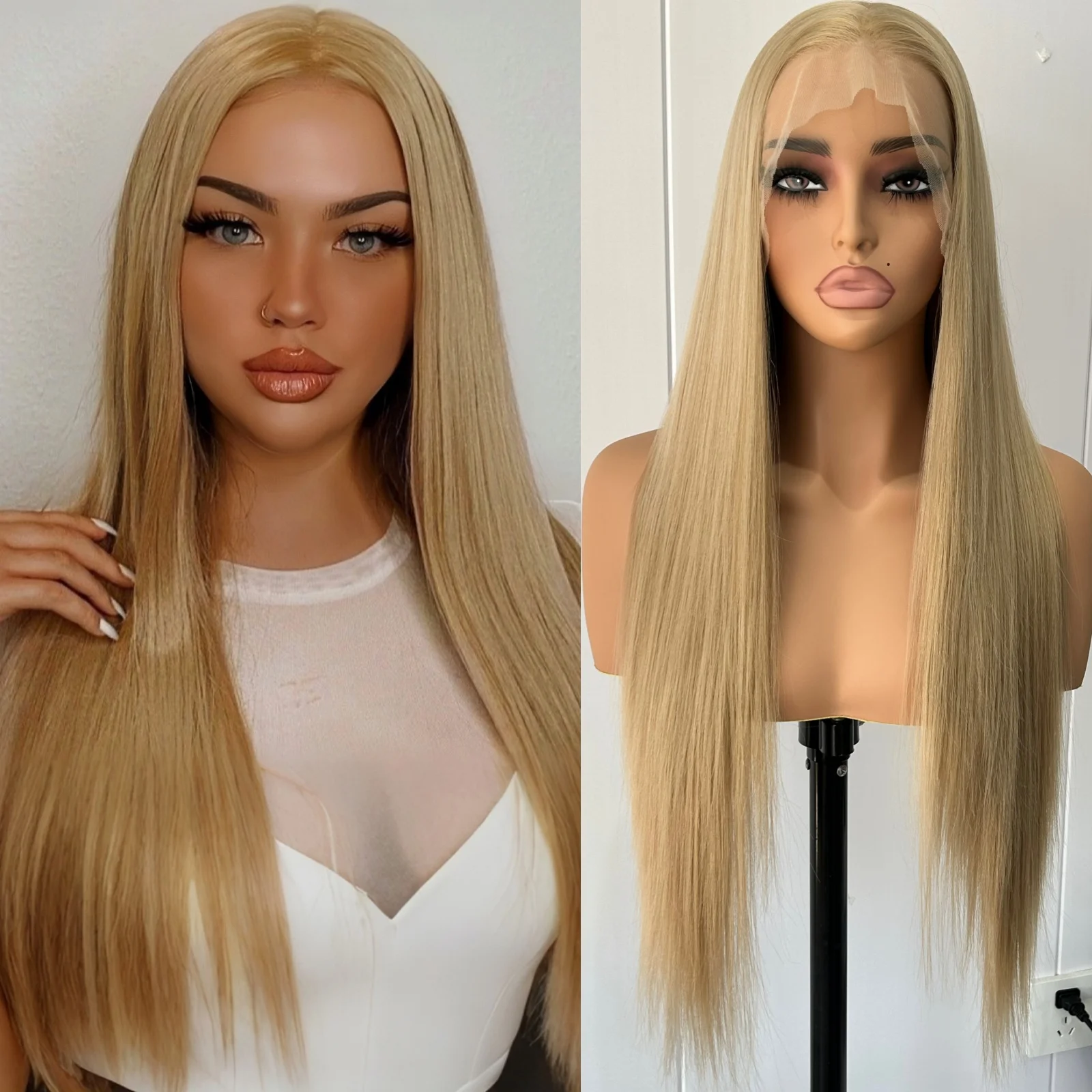 Ash Blonde Long Silky Straight Synthetic Lace Front Wig Free Part Dirty Blonde Colored Heat Resistant Fiber Wigs for Women Daily