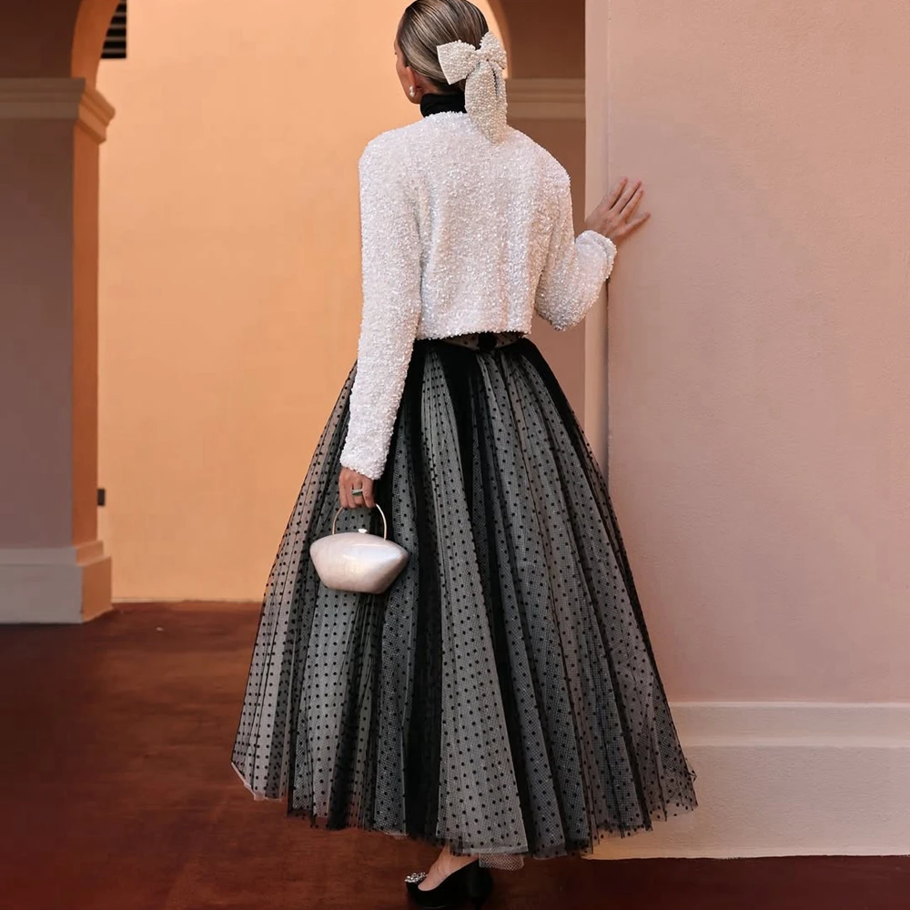 

Unique Polka Dot Mesh Women Skirts Fashion Draped Tulle Long Prom Skirts Custom Made Puffy Female Brithday Party Skirt