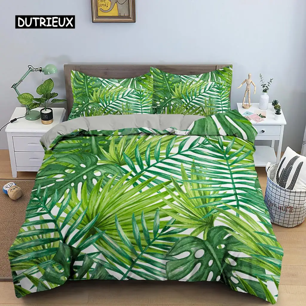 

Tropical Plant Bedding Set Green Leaves Duvet Cover with Zipper Closure Comforter Cover Queen King Full Polyester Quilt Cover