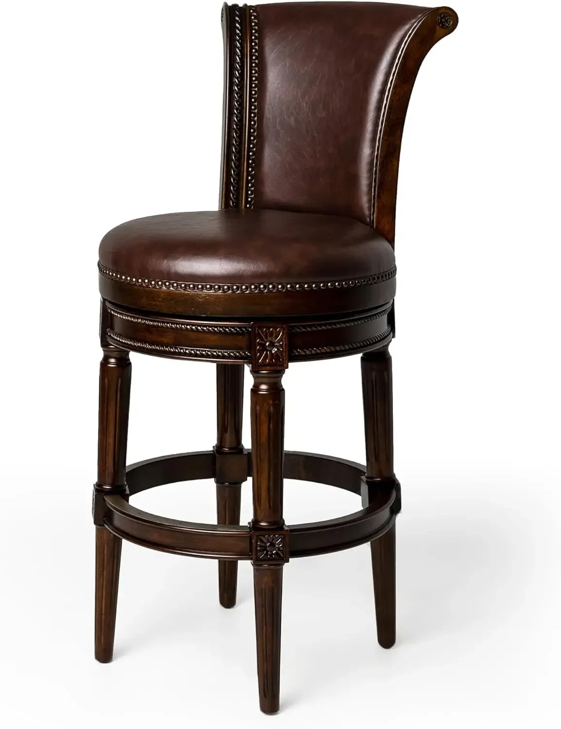 31 Inch Tall Bar Height Upholstered Barstool with Back in Dark Walnut Finish with Vintage Brown Leather Seat