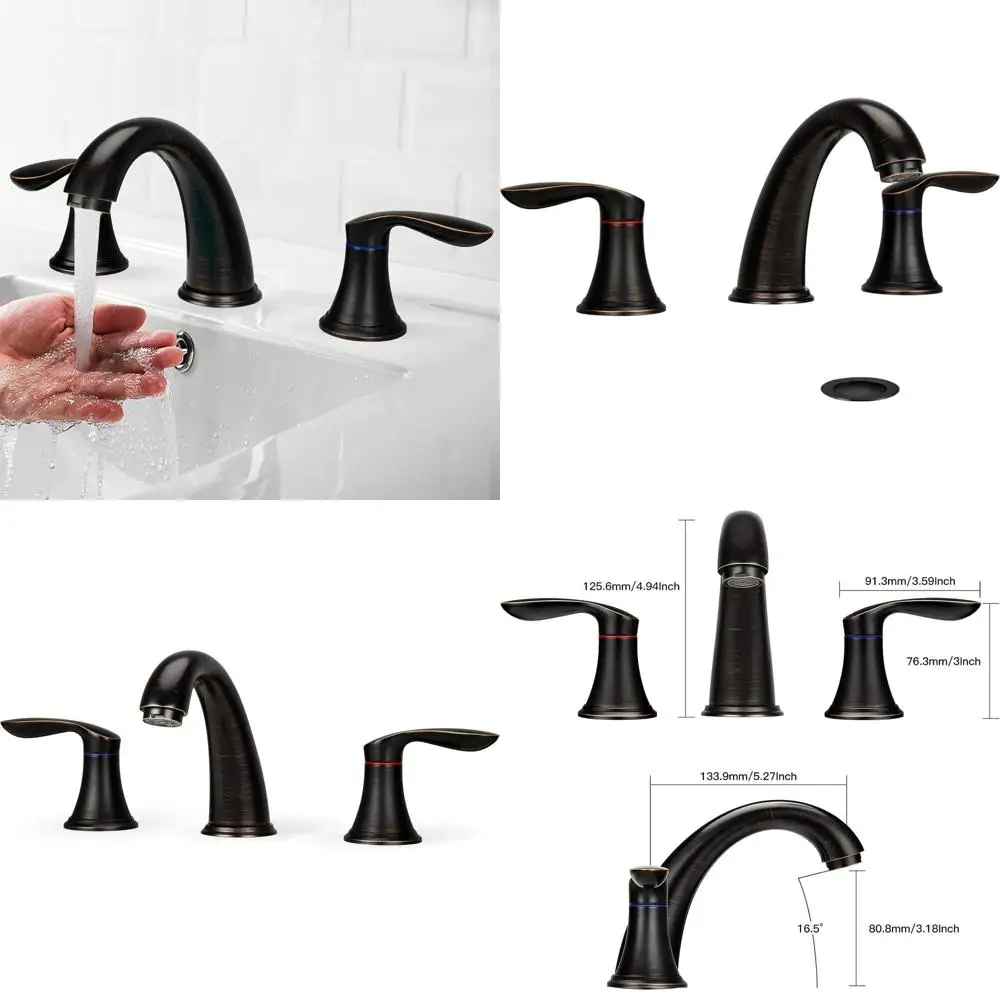 

Oil Rubbed Bronze Widespread 3-Hole Bathroom Sink Faucet with Stainless Steel Drain and Lead-Free Hose